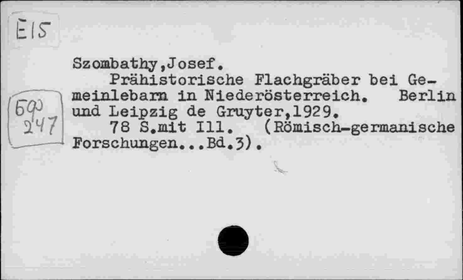 ﻿Szombathy»Josef.
Prähistorische Flachgräber bei Ge-meinlebam in Nie de röst erre ich.	Berlin
und Leipzig de Gruyter,1929.
78 S.mit Ill. (Römisch-germanische Forschungen...Bd.j).